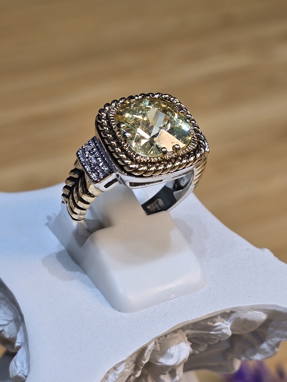 Lia Sophia Yellow Cushion-Cut Stone Ring with Two-Tone Rope Detail